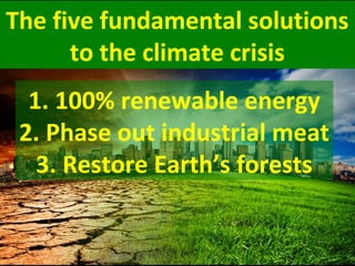 The five fundamental solutions
to the climate crisis
tithe climate crisis
1. 100% renewable energy
2. Phase out industrial meat
3. Restore Earth’s forests
 