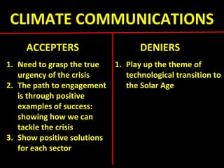 CLIMATE COMMUNICATIONS
ACCEPTERS DENIERS
1. Need to grasp the true
urgency of the crisis
2. The path to engagement
is through positive
examples of success:
showing how we can
tackle the crisis
3. Show positive solutions
for each sector
1. Play up the theme of
technological transition to
the Solar Age
 