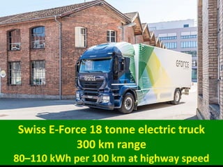 Swiss E-Force 18 tonne electric truck
300 km range
80–110 kWh per 100 km at highway speed
 