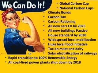 • Climate Bonds
• Carbon Tax
• Carbon Rationing
• All new cars EV by 2025
• All new buildings Passive
House standard by 2020
• Widespread local mobilization
• Huge local food initiative
• Tax on meat and dairy
• Solar electrification of railways
• Rapid transition to 100% Renewable Energy
• All coal-fired power plants shut down by 2018
• Global Carbon Cap
• National Carbon Caps
 