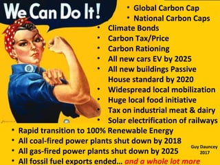 • Climate Bonds
• Carbon Tax/Price
• Carbon Rationing
• All new cars EV by 2025
• All new buildings Passive
House standard by 2020
• Widespread local mobilization
• Huge local food initiative
• Tax on industrial meat & dairy
• Solar electrification of railways
• Rapid transition to 100% Renewable Energy
• All coal-fired power plants shut down by 2018
• All gas-fired power plants shut down by 2025
• All fossil fuel exports ended… and a whole lot more
• Global Carbon Cap
• National Carbon Caps
Guy Dauncey
2017
 