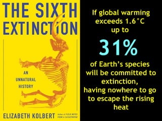 If global warming
exceeds 1.6°C
up to
31%
of Earth’s species
will be committed to
extinction,
having nowhere to go
to escape the rising
heat
 