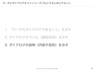 Copyright (C) 2016 Yahoo Japan Corporation. All Rights Reserved. 無断引用・転載禁止
モーダルダイアログをマシンリーダブルにするためにやること
1. 「モーダルダイアログであること」を示す
2. ダイアログのラベル（識別名称）を示す
3. ダイアログの説明（内容や目的）を示す
36
 
