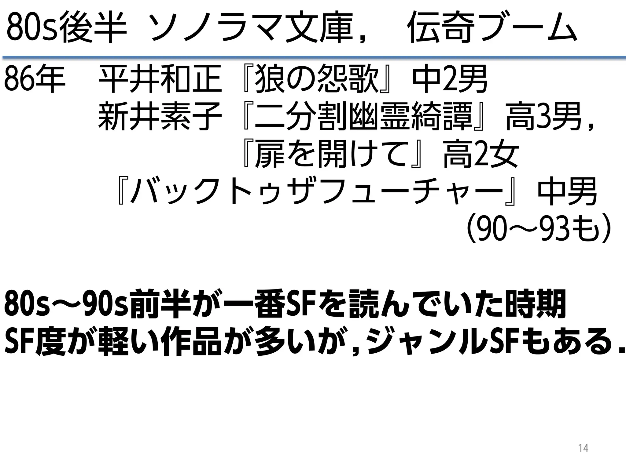 14
80s後半 ソノラマ文庫, 伝奇ブーム
86年 平井和正『狼の怨歌』中2男
新井素子『二分割幽霊綺譚』高3男,
『扉を開けて』高2女
『バックトゥザフューチャー』中男
(90～93も)
80s～90s前半が一番SFを読んでいた時期
SF度が軽い作品が多いが,ジャンルSFもある.
 