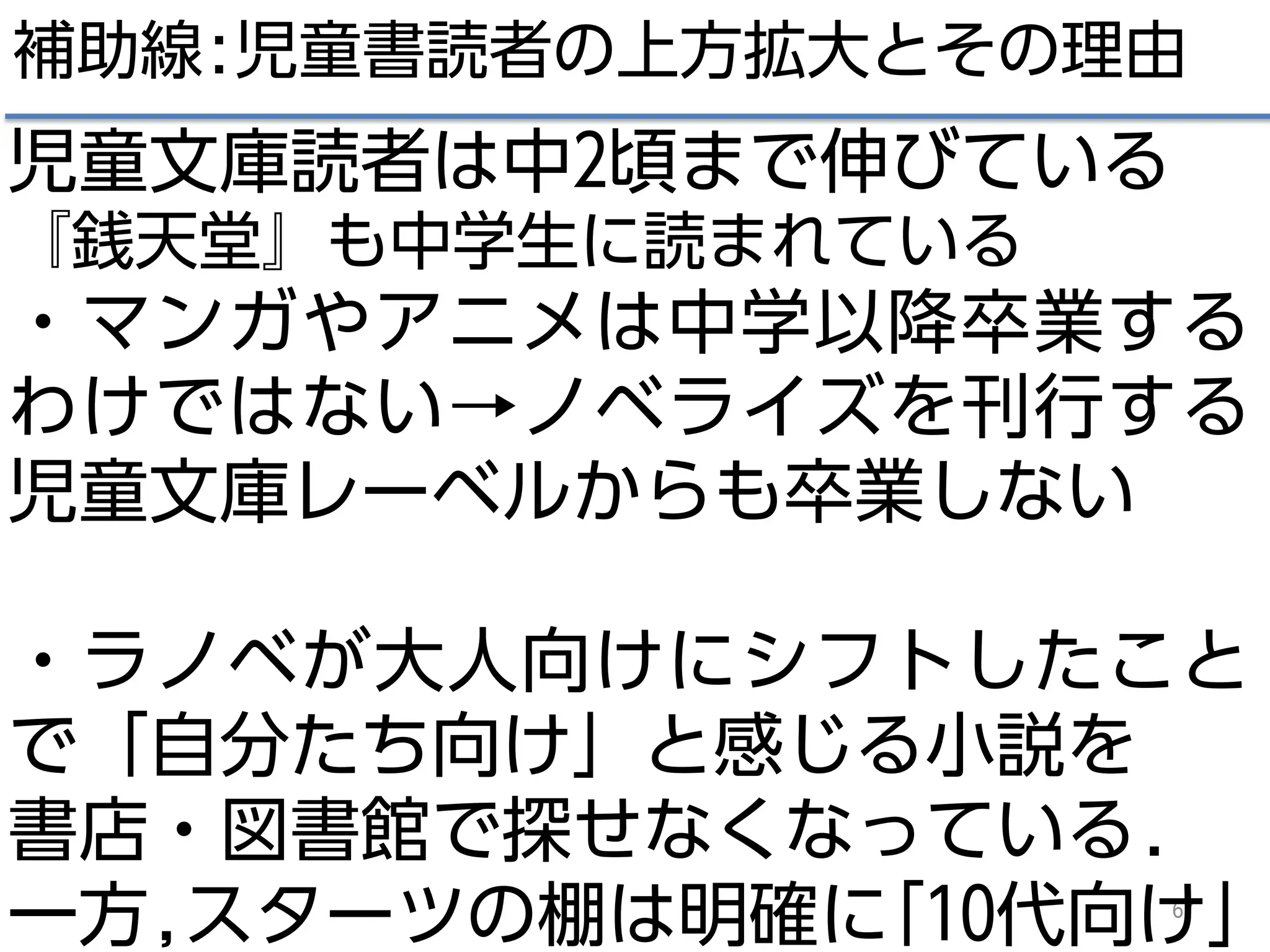 67
補助線:児童書読者の上方拡大とその理由
児童文庫読者は中2頃まで伸びている
『銭天堂』も中学生に読まれている
・マンガやアニメは中学以降卒業する
わけではない→ノベライズを刊行する
児童文庫レーベルからも卒業しない
・ラノベが大人向けにシフトしたこと
で「自分たち向け」と感じる小説を
書店・図書館で探せなくなっている.
一方,スターツの棚は明確に｢10代向け｣
 