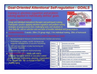 .
Cognitive Training Method:
Group and individual manualized (therapist and participant) training.
Participants’ practice applying attention regulation and problem solving
strategies on progressively more challenging tasks and situations in
their daily life, and on selection and execution of feasible individual and group projects.
Duration/intensity: 5 weeks: 20hrs (10 group mtgs), 3 hrs individual training, 20hrs of homework
Goal-Oriented Attentional Self-regulation - GOALS
Training in attention regulation and problem
solving applied to individually defined goals.
Multi level outcomes assessed (some variation depending on study) :
Neuropsychological measures of attention/executive function and memory;
Performance on complex ‘real life’ functional task
assessing subcomponents of executive functioning;
Self-report on measures of daily functioning and
emotional regulation
Goal-directed control over neural processing;
Populations studied: Adults with mild to
moderate functional deficits in executive control
(concentration, multitasking, planning, organization)
2 to: chronic ABI; TBI; co-morbid mTBI/PTSD;
healthy aging
 