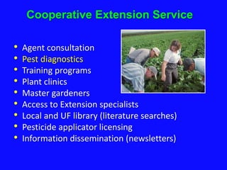 Cooperative Extension Service
• Agent consultation
• Pest diagnostics
• Training programs
• Plant clinics
• Master gardene...