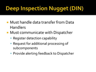    Must handle data transfer from Data
    Handlers
   Must communicate with Dispatcher
     Register detection capability
     Request for additional processing of
      subcomponents
     Provide alerting feedback to Dispatcher
 