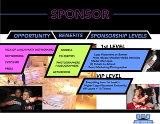 OPPORTUNITY SPONSORSHIP LEVELSBENEFITS
KICK OF LAUCH PARTY NETWORKING
NETWORKING
EXPOSURE
PRESS
Logo Placement on Banner
P...