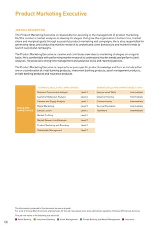 The information contained in this document serves as a guide.
For a list of Critical Work Functions and Key Tasks for this job role, please visit: www.skillsfuture.sg/skills-framework/Financial-Services
100
JOB ROLE DESCRIPTION
The Product Marketing Executive is responsible for assisting in the management of product marketing.
He/She conducts market analyses to develop strategies that grow the organisation’s bottom line, market
share and marginal goals through successful product marketing and campaigns. He is also responsible for
generating ideas and conducting market research to understand client behaviours and market trends to
launch successful campaigns.
The Product Marketing Executive is creative and contributes new ideas to marketing strategies on a regular
basis. He is comfortable with performing market research to understand market trends and perform client
analyses. He possesses strong time management and analytical skills and reporting abilities.
The Product Marketing Executive is required to acquire specific product knowledge and this can include either
one or a combination of: retail banking products, investment banking products, asset management products,
private banking products and insurance products.
Product Marketing Executive
SKILLS AND
COMPETENCIES
TECHNICAL SKILLS AND COMPETENCIES GENERIC SKILLS AND COMPETENCIES (TOP 5)
Business Environment Analysis Level 3 Interpersonal Skills Intermediate
Customer Behaviour Analysis Level 3 Creative Thinking Intermediate
Demand and Supply Analysis Level 3 Communication Intermediate
Digital Marketing Level 3 Service Orientation Intermediate
Ethical Culture Level 3 Teamwork Intermediate
Market Profiling Level 3
Market Research and Analysis Level 3
Product Marketing and Branding Level 3
Stakeholder Management Level 3
This job role exists in the following sub-sector(s)
Retail Banking Investment Banking Asset Management Private Banking and Wealth Management Insurance
 