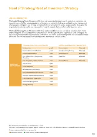 The information contained in this document serves as a guide.
For a list of Critical Work Functions and Key Tasks for this job role, please visit: www.skillsfuture.sg/skills-framework/Financial-Services
105
JOB ROLE DESCRIPTION
The Head of Strategy/Head of Investment Strategy oversees and allocates research projects to economics and
research teams. He/She provides guidance to his teams on economic findings as well as to senior management,
often assisting with policy and strategy formation for the organisation. He is also responsible for developing the
organisation’s external profile and manages the research projects that come from other business units.
The Head of Strategy/Head of Investment Strategy is a balanced thinker who can look at situations from micro
and macro points of view, and communicates his views effectively to influence organisation-wide strategies. He
occasionally represents the organisation at conferences and events to develop its profile, and has deep expertise
on market outlook and socioeconomic trends within the financial services sector.
Head of Strategy/Head of Investment Strategy
SKILLS AND
COMPETENCIES
TECHNICAL SKILLS AND COMPETENCIES GENERIC SKILLS AND COMPETENCIES (TOP 5)
Benchmarking Level 5 Communication Advanced
Business Environment Analysis Level 6 Transdisciplinary Thinking Advanced
Business Needs Analysis Level 5 Problem Solving Advanced
Data Analytics and Computational
Modelling
Level 5 Leadership Advanced
Data Storytelling and Visualisation Level 4 Decision Making Advanced
Ethical Culture Level 5
Financial Analysis Level 5
Market Research and Analysis Level 5
Policy Implementation and Revision Level 5
Research and Information Synthesis Level 5
Scenario Planning and Analysis Level 5
Stakeholder Management Level 5
Strategy Planning Level 6
This job role exists in the following sub-sector(s)
Investment Banking Private Banking and Wealth Management
 