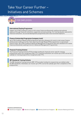 12
FOR EMPLOYERS
Take Your Career Further –
Initiatives and Schemes
IBF Standards Training Scheme
The IBF Standards Training Scheme (IBF-STS) provides funding for programmes accredited under
the IBF Standards. Individuals can receive up to 90% course fee subsidy upon their completion of the
programmes.
Financial Training Scheme
The Financial Training Scheme (FTS) provides funding for financial sector-specific training
programmes which are recognized under FTS. Financial Institutions can receive up to 90% course fee
subsidy for training programmes recognised under FTS.
Workforce Singapore Monetary Authority of SingaporeSkillsFuture Singapore
Initiatives and Schemes by:
Institute of Banking and Finance
International Posting Programme
Support up to 50% funding for early to mid-career finance professionals seeking international
exposure through financial institutions-supported overseas postings. For fresh graduates selected for
financial institutions’ structured development programmes and cross functional exposure.
Finance Scholarship Programme (company track)
Up to 70% funding of Masters/PhD programme fees plus allowance for early to mid-career finance
professionals looking to further their expertise through Master/PhD programmes in specialised
finance areas. Up to 30% funding of Advanced Management Programme fees plus allowance for senior
finance professionals seeking to enrol in Advanced Management Programmes.
 