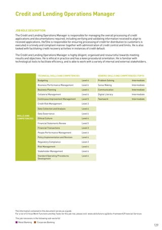 The information contained in this document serves as a guide.
For a list of Critical Work Functions and Key Tasks for this job role, please visit: www.skillsfuture.sg/skills-framework/Financial-Services
129
JOB ROLE DESCRIPTION
The Credit and Lending Operations Manager is responsible for managing the overall processing of credit
applications and documentations required, including verifying and validating information received to align to
received applications. He/She is responsible for ensuring processing of credit for distribution to customers is
executed in a timely and compliant manner together with administration of credit control and limits. He is also
tasked with facilitating credit recovery activities in instances of credit default.
The Credit and Lending Operations Manager is highly diligent, organised and resourceful towards meeting
results and objectives. He is ethical in practice and has a keen procedural orientation. He is familiar with
technological tools to facilitate efficiency, and is able to work with a variety of internal and external stakeholders.
Credit and Lending Operations Manager
SKILLS AND
COMPETENCIES
TECHNICAL SKILLS AND COMPETENCIES GENERIC SKILLS AND COMPETENCIES (TOP 5)
Budgeting Level 4 Problem Solving Intermediate
Business Performance Management Level 4 Sense Making Intermediate
Business Planning Level 4 Communication Intermediate
Collateral Management Level 4 Digital Literacy Intermediate
Continuous Improvement Management Level 5 Teamwork Intermediate
Credit Risk Management Level 3
Data Collection and Analysis Level 4
Data Governance Level 4
Ethical Culture Level 4
Financial Statements Review Level 5
Financial Transactions Level 3
People Performance Management Level 4
Policy Implementation and Revision Level 4
Regulatory Compliance Level 3
Risk Management Level 4
Stakeholder Management Level 4
Standard Operating Procedures
Development
Level 4
This job role exists in the following sub-sector(s)
Retail Banking Corporate Banking
 