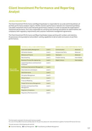 The information contained in this document serves as a guide.
For a list of Critical Work Functions and Key Tasks for this job role, please visit: www.skillsfuture.sg/skills-framework/Financial-Services
137
JOB ROLE DESCRIPTION
The Client Investment Performance and Reporting Analyst is responsible for accurate and timely delivery of
portfolio performance analysis reports. He/She monitors performance indicators for investment portfolios,
calculates investment returns and interprets performance statistics in order to evaluate the organisation’s
investment performance. He is also responsible for verifying and checking calculations for abnormalities and
compliance with regulatory requirements and customer investment management agreements.
The Client Investment Performance and Reporting Analyst enjoys working with numbers and statistics.
He possesses strong analytical and problem-solving capabilities to derive valid conclusions on portfolio
performances.
Client Investment Performance and Reporting
Analyst
SKILLS AND
COMPETENCIES
TECHNICAL SKILLS AND COMPETENCIES GENERIC SKILLS AND COMPETENCIES (TOP 5)
Asset and Liability Management Level 4 Communication Advanced
Attribution Analysis Level 4 Interpersonal Skills Advanced
Behavioural Finance Level 4 Teamwork Advanced
Benchmarking Level 4 Problem Solving Intermediate
Business Process Re-engineering Level 4 Digital Literacy Intermediate
Capital Expenditure and Investment
Evaluation
Level 4
Continuous Improvement Management Level 4
Data Collection and Analysis Level 4
Data Governance Level 4
Disruption Management Level 5
Ethical Culture Level 4
Financial Modelling Level 4
People Performance Management Level 4
Portfolio and Investment Risk
Management
Level 4
Regulatory Compliance Level 4
Regulatory Risk Assessment Level 4
This job role exists in the following sub-sector(s)
Investment Banking Asset Management Private Banking and Wealth Management
 
