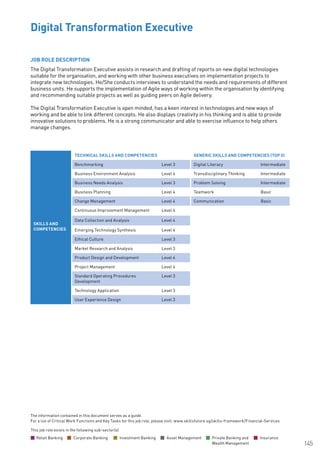 The information contained in this document serves as a guide.
For a list of Critical Work Functions and Key Tasks for this job role, please visit: www.skillsfuture.sg/skills-framework/Financial-Services
145
JOB ROLE DESCRIPTION
The Digital Transformation Executive assists in research and drafting of reports on new digital technologies
suitable for the organisation, and working with other business executives on implementation projects to
integrate new technologies. He/She conducts interviews to understand the needs and requirements of different
business units. He supports the implementation of Agile ways of working within the organisation by identifying
and recommending suitable projects as well as guiding peers on Agile delivery.
The Digital Transformation Executive is open minded, has a keen interest in technologies and new ways of
working and be able to link different concepts. He also displays creativity in his thinking and is able to provide
innovative solutions to problems. He is a strong communicator and able to exercise influence to help others
manage changes.				
Digital Transformation Executive				
SKILLS AND
COMPETENCIES
TECHNICAL SKILLS AND COMPETENCIES GENERIC SKILLS AND COMPETENCIES (TOP 5)
Benchmarking Level 3 Digital Literacy Intermediate
Business Environment Analysis Level 4 Transdisciplinary Thinking Intermediate
Business Needs Analysis Level 3 Problem Solving Intermediate
Business Planning Level 4 Teamwork Basic
Change Management Level 4 Communication Basic
Continuous Improvement Management Level 4
Data Collection and Analysis Level 4
Emerging Technology Synthesis Level 4
Ethical Culture Level 3
Market Research and Analysis Level 3
Product Design and Development Level 4
Project Management Level 4
Standard Operating Procedures
Development
Level 3
Technology Application Level 3
User Experience Design Level 3
This job role exists in the following sub-sector(s)
Retail Banking Corporate Banking Investment Banking Asset Management Private Banking and
Wealth Management
Insurance
 