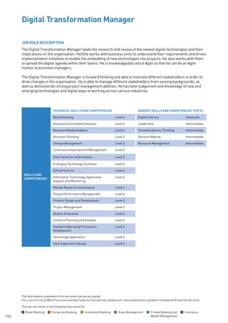 The information contained in this document serves as a guide.
For a list of Critical Work Functions and Key Tasks for this job role, please visit: www.skillsfuture.sg/skills-framework/Financial-Services
146
JOB ROLE DESCRIPTION
The Digital Transformation Manager leads the research and review of the newest digital technologies and their
implications on the organisation. He/She works with business units to understand their requirements and drives
implementation initiatives to enable the embedding of new technologies into projects. He also works with them
to spread the digital agenda within their teams. He is knowledgeable about Agile so that he can be an Agile
mentor to business managers.
The Digital Transformation Manager is forward thinking and able to motivate different stakeholders in order to
drive changes in the organisation. He is able to manage different stakeholders from varying backgrounds, as
well as demonstrate strong project management abilities. He has keen judgement and knowledge of new and
emerging technologies and digital ways of working across various industries.				
Digital Transformation Manager			
SKILLS AND
COMPETENCIES
TECHNICAL SKILLS AND COMPETENCIES GENERIC SKILLS AND COMPETENCIES (TOP 5)
Benchmarking Level 4 Digital Literacy Advanced
Business Environment Analysis Level 5 Leadership Intermediate
Business Needs Analysis Level 4 Transdisciplinary Thinking Intermediate
Business Planning Level 5 Decision Making Intermediate
Change Management Level 5 Resource Management Intermediate
Continuous Improvement Management Level 5
Data Collection and Analysis Level 5
Emerging Technology Synthesis Level 5
Ethical Culture Level 4
Information Technology Application
Support and Monitoring
Level 4
Market Research and Analysis Level 4
People Performance Management Level 4
Product Design and Development Level 5
Project Management Level 5
Quality Assurance Level 4
Scenario Planning and Analysis Level 4
Standard Operating Procedures
Development
Level 4
Technology Application Level 4
User Experience Design Level 4
This job role exists in the following sub-sector(s)
Retail Banking Corporate Banking Investment Banking Asset Management Private Banking and
Wealth Management
Insurance
 