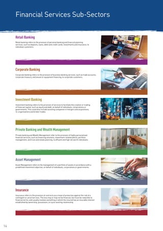 14
Retail Banking
Retail banking refers to the provision of personal banking and financial planning
services, such as deposits, loans, debit and credit cards, investments and insurance, to
individual customers.
Investment banking refers to the provision of services to facilitate the creation or trading
of financial capital, such as equity and debt, on behalf of individuals, corporations or
governments. This could also include assisting companies in mergers and acquisitions,
re-organisations and broker trades.
Investment Banking
Corporate banking refers to the provision of business banking services, such as trade accounts,
corporate treasury, and vessel or equipment financing, to corporate customers.
Corporate Banking
Private banking and Wealth Management refer to the provision of highly personalised
financial services, such as financing solutions, investment-related advice, portfolio
management, and trust and estate planning, to affluent and high net worth individuals.
Private Banking and Wealth Management
Asset Management refers to the management of a portfolio of assets in accordance with a
predefined investment objective, on behalf of individuals, corporations or governments.
Asset Management
Financial Services Sub-Sectors
Insurance refers to the provision of contracts as a mean of protection against the risk of a
contingent or uncertain loss. The loss may or may not be financial, but must be reducible to
financial terms, and usually involves something in which the insured has an insurable interest
established by ownership, possession, or a pre-existing relationship.
Insurance
 