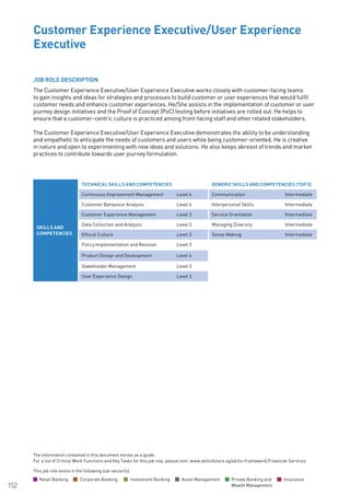 The information contained in this document serves as a guide.
For a list of Critical Work Functions and Key Tasks for this job role, please visit: www.skillsfuture.sg/skills-framework/Financial-Services
152
JOB ROLE DESCRIPTION
The Customer Experience Executive/User Experience Executive works closely with customer-facing teams
to gain insights and ideas for strategies and processes to build customer or user experiences that would fulfil
customer needs and enhance customer experiences. He/She assists in the implementation of customer or user
journey design initiatives and the Proof of Concept (PoC) testing before initiatives are rolled out. He helps to
ensure that a customer-centric culture is practiced among front-facing staff and other related stakeholders.
The Customer Experience Executive/User Experience Executive demonstrates the ability to be understanding
and empathetic to anticipate the needs of customers and users while being customer-oriented. He is creative
in nature and open to experimenting with new ideas and solutions. He also keeps abreast of trends and market
practices to contribute towards user journey formulation.	
Customer Experience Executive/User Experience
Executive								
SKILLS AND
COMPETENCIES
TECHNICAL SKILLS AND COMPETENCIES GENERIC SKILLS AND COMPETENCIES (TOP 5)
Continuous Improvement Management Level 4 Communication Intermediate
Customer Behaviour Analysis Level 4 Interpersonal Skills Intermediate
Customer Experience Management Level 3 Service Orientation Intermediate
Data Collection and Analysis Level 3 Managing Diversity Intermediate
Ethical Culture Level 3 Sense Making Intermediate
Policy Implementation and Revision Level 3
Product Design and Development Level 4
Stakeholder Management Level 3
User Experience Design Level 3
This job role exists in the following sub-sector(s)
Retail Banking Corporate Banking Investment Banking Asset Management Private Banking and
Wealth Management
Insurance
 