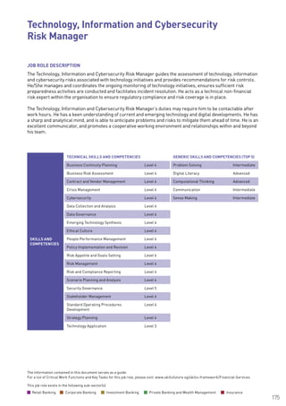 The information contained in this document serves as a guide.
For a list of Critical Work Functions and Key Tasks for this job role, please visit: www.skillsfuture.sg/skills-framework/Financial-Services
175
SKILLS AND
COMPETENCIES
TECHNICAL SKILLS AND COMPETENCIES GENERIC SKILLS AND COMPETENCIES (TOP 5)
Business Continuity Planning Level 4 Problem Solving Intermediate
Business Risk Assessment Level 4 Digital Literacy Advanced
Contract and Vendor Management Level 4 Computational Thinking Advanced
Crisis Management Level 4 Communication Intermediate
Cybersecurity Level 4 Sense Making Intermediate
Data Collection and Analysis Level 4
Data Governance Level 4
Emerging Technology Synthesis Level 4
Ethical Culture Level 4
People Performance Management Level 4
Policy Implementation and Revision Level 4
Risk Appetite and Goals Setting Level 4
Risk Management Level 4
Risk and Compliance Reporting Level 4
Scenario Planning and Analysis Level 4
Security Governance Level 5
Stakeholder Management Level 4
Standard Operating Procedures
Development
Level 4
Strategy Planning Level 4
Technology Application Level 3
JOB ROLE DESCRIPTION
The Technology, Information and Cybersecurity Risk Manager guides the assessment of technology, information
and cybersecurity risks associated with technology initiatives and provides recommendations for risk controls.
He/She manages and coordinates the ongoing monitoring of technology initiatives, ensures sufficient risk
preparedness activities are conducted and facilitates incident resolution. He acts as a technical non-financial
risk expert within the organisation to ensure regulatory compliance and risk coverage is in place.
The Technology, Information and Cybersecurity Risk Manager’s duties may require him to be contactable after
work hours. He has a keen understanding of current and emerging technology and digital developments. He has
a sharp and analytical mind, and is able to anticipate problems and risks to mitigate them ahead of time. He is an
excellent communicator, and promotes a cooperative working environment and relationships within and beyond
his team. 			
Technology, Information and Cybersecurity
Risk Manager			
This job role exists in the following sub-sector(s)
Retail Banking Corporate Banking Investment Banking Private Banking and Wealth Management Insurance
 