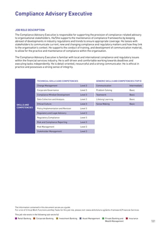 The information contained in this document serves as a guide.
For a list of Critical Work Functions and Key Tasks for this job role, please visit: www.skillsfuture.sg/skills-framework/Financial-Services
181
JOB ROLE DESCRIPTION
The Compliance Advisory Executive is responsible for supporting the provision of compliance-related advisory
to organisational stakeholders. He/She supports the maintenance of compliance frameworks by keeping
abreast of developments in industry regulations and trends to ensure appropriate coverage. He liaises with
stakeholders to communicate current, new and changing compliance and regulatory matters and how they link
to the organisation’s context. He supports the conduct of training, and development of communication material,
to allow for the practice and maintenance of compliance within the organisation.
The Compliance Advisory Executive is familiar with local and international compliance and regulatory issues
within the financial services industry. He is self-driven and comfortable working towards deadlines and
executing tasks independently. He is detail-oriented, resourceful and a strong communicator. He is ethical in
practice and possesses a strong sense of integrity.
SKILLS AND
COMPETENCIES
TECHNICAL SKILLS AND COMPETENCIES GENERIC SKILLS AND COMPETENCIES (TOP 5)
Change Management Level 3 Communication Intermediate
Corporate Governance Level 3 Problem Solving Basic
Compliance Mindset Development Level 3 Teamwork Basic
Data Collection and Analysis Level 3 Lifelong Learning Basic
Ethical Culture Level 3 Sense Making Basic
Policy Implementation and Revision Level 3
Regulatory and Legal Advisory Level 3
Regulatory Compliance Level 3
Risk and Compliance Reporting Level 3
Risk Management Level 3
Stakeholder Management Level 3
Compliance Advisory Executive			
This job role exists in the following sub-sector(s)
Retail Banking Corporate Banking Investment Banking Asset Management Private Banking and
Wealth Management
Insurance
This job role exists in the following sub-sector(s)
Retail Banking Corporate Banking Investment Banking Asset Management Private Banking and
Wealth Management
Insurance
 