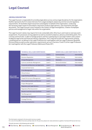The information contained in this document serves as a guide.
For a list of Critical Work Functions and Key Tasks for this job role, please visit: www.skillsfuture.sg/skills-framework/Financial-Services
190
JOB ROLE DESCRIPTION
The Legal Counsel is responsible for providing legal advice across various legal disciplines for the organisation.
He/She represents the firm’s best interests from a legal standpoint, balancing commercial and regulatory
requirements. He facilitates legal transactions and litigation on behalf of the organisation, conducting
the necessary legal research and analysis required to produce legal opinions, case arguments and legal
documents. The Legal Counsel is also involved in the conduct of legal investigations, creation of employee
policies and management of legal risks within the organisation.
The Legal Counsel’s duties may require him to be contactable after office hours and travel on overseas work
assignments. He possesses strong judgment as well as excellent analytical, advisory and drafting skills. He is
a strong communicator, is able to manage projects and has a good grasp on core legal matters and is aware
of adjacent legal areas and financial industry regulations. He is required to fulfil the requirements of being
a ‘qualified person’ as defined in the Legal Profession Act read together with the Legal Profession (Qualified
Persons) Rules as well as other admission requirements set out in Sections 12 and 13 of the Legal Profession
Act read together with the Legal Profession (Admission) Rules 2011.
SKILLS AND
COMPETENCIES
TECHNICAL SKILLS AND COMPETENCIES GENERIC SKILLS AND COMPETENCIES (TOP 5)
Budgeting Level 4 Communication Intermediate
Business Negotiation Level 4 Problem Solving Intermediate
Change Management Level 4 Teamwork Intermediate
Contract and Vendor Management Level 4 Service Orientation Intermediate
Corporate and Business Law Application Level 4 Lifelong Learning Intermediate
Corporate Governance Level 4
Crisis Management Level 4
Ethical Culture Level 4
Legal Drafting and Writing Level 4
People Performance Management Level 4
Policy Implementation and Revision Level 4
Project Management Level 4
Regulatory and Legal Advisory Level 4
Regulatory Risk Assessment Level 4
Research and Information Synthesis Level 4
Risk Management Level 4
Stakeholder Management Level 4
Strategy Planning Level 4
Technology Application Level 3
Legal Counsel			
This job role exists in the following sub-sector(s)
Retail Banking Corporate Banking Investment Banking Asset Management Private Banking and
Wealth Management
Insurance
This job role exists in the following sub-sector(s)
Retail Banking Corporate Banking Investment Banking Asset Management Private Banking and
Wealth Management
Insurance
 