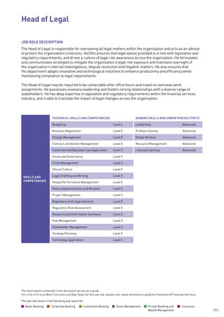 The information contained in this document serves as a guide.
For a list of Critical Work Functions and Key Tasks for this job role, please visit: www.skillsfuture.sg/skills-framework/Financial-Services
191
SKILLS AND
COMPETENCIES
TECHNICAL SKILLS AND COMPETENCIES GENERIC SKILLS AND COMPETENCIES (TOP 5)
Budgeting Level 4 Leadership Advanced
Business Negotiation Level 5 Problem Solving Advanced
Change Management Level 5 Global Mindset Advanced
Contract and Vendor Management Level 5 Resource Management Advanced
Corporate and Business Law Application Level 5 Lifelong Learning Advanced
Corporate Governance Level 5
Crisis Management Level 4
Ethical Culture Level 5
Legal Drafting and Writing Level 5
People Performance Management Level 5
Policy Implementation and Revision Level 5
Project Management Level 5
Regulatory and Legal Advisory Level 5
Regulatory Risk Assessment Level 5
Research and Information Synthesis Level 5
Risk Management Level 5
Stakeholder Management Level 5
Strategy Planning Level 5
Technology Application Level 4
JOB ROLE DESCRIPTION
The Head of Legal is responsible for overseeing all legal matters within the organisation and acts as an advisor
to protect the organisation’s interests. He/She ensures that legal advice provided is in line with legislation and
regulatory requirements, and drives a culture of legal risk awareness across the organisation. He formulates
and communicates strategies to mitigate the organisation’s legal risk exposure and maintains oversight of
the organisation’s internal investigations, dispute resolution and litigation matters. He also ensures that
the department adopts innovative and technological solutions to enhance productivity and efficiency while
maintaining compliance to legal requirements.
The Head of Legal may be required to be contactable after office hours and travel on overseas work
assignments. He possesses visionary leadership and fosters strong relationships with a diverse range of
stakeholders. He has deep expertise in legislation and regulatory requirements within the financial services
industry, and is able to translate the impact of legal changes across the organisation.
Head of Legal 			
This job role exists in the following sub-sector(s)
Retail Banking Corporate Banking Investment Banking Asset Management Private Banking and
Wealth Management
Insurance
This job role exists in the following sub-sector(s)
Retail Banking Corporate Banking Investment Banking Asset Management Private Banking and
Wealth Management
Insurance
 