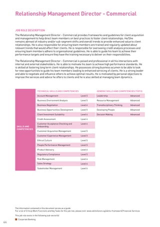 The information contained in this document serves as a guide.
For a list of Critical Work Functions and Key Tasks for this job role, please visit: www.skillsfuture.sg/skills-framework/Financial-Services
44
JOB ROLE DESCRIPTION
The Relationship Management Director - Commercial provides frameworks and guidelines for client acquisition
and management to help direct team members on best practices to foster client relationships. He/She
remains abreast of industry and/or sub-segment shifts and overall trends to provide enhanced value to client
relationships. He is also responsible for ensuring team members are trained and regularly updated about
relevant trends that would affect their clients. He is responsible for overseeing credit analysis processes and
ensuring team members adhere to organisational guidelines. He is able to guide his team to achieve their
performance targets and ensure they have the training necessary to deliver on their responsibilities.
The Relationship Management Director - Commercial is poised and professional in all his interactions with
internal and external stakeholders. He is able to motivate his team to achieve high performance standards. He
is skilled at fostering long term client relationships. He possesses strong business acumen to be able to look
for new opportunities to guide his team members leading to enhanced servicing of clients. He is a strong leader
and able to negotiate and influence others to achieve optimal results. He is motivated by personal objectives to
improve the services and advice he offers to clients and he is also skilled at managing team dynamics.
Relationship Management Director - Commercial	
SKILLS AND
COMPETENCIES
TECHNICAL SKILLS AND COMPETENCIES GENERIC SKILLS AND COMPETENCIES (TOP 5)
Account Management Level 5 Leadership Advanced
Business Environment Analysis Level 5 Resource Management Advanced
Business Negotiation Level 6 Transdisciplinary Thinking Advanced
Business Opportunities Development Level 5 Developing People Advanced
Client Investment Suitability Level 4 Decision Making Advanced
Credit Assessment Level 4
Customer Acceptance Checking and
Onboarding
Level 4
Customer Acquisition Management Level 5
Customer Experience Management Level 5
Ethical Culture Level 5
People Performance Management Level 5
Product Advisory Level 4
Regulatory Compliance Level 5
Risk Management Level 4
Sales Strategy Level 6
Stakeholder Management Level 6
This job role exists in the following sub-sector(s)
Corporate Banking
 