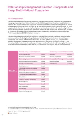 The information contained in this document serves as a guide.
For a list of Critical Work Functions and Key Tasks for this job role, please visit: www.skillsfuture.sg/skills-framework/Financial-Services
46
JOB ROLE DESCRIPTION
The Relationship Management Director - Corporate and Large Multi-National Companies is responsible for
managing long lasting relationships with clients and establishing policies and practices to aid his team in
achieving their targets on new client acquisition. He/She drives continuous initiatives to help his team provide
enhanced advice, recommendation on products, services and solutions to clients. He is responsible for credit
analysis activities but also for overseeing how his team conducts these activities. He helps to set guidelines
and collaborate with other business units on complex or difficult credit review cases that have been escalated
for completion. As a leader, he is also involved with team management, evaluation and determining Key
Performance Indicators (KPIs) for his team members.
The Relationship Management Director - Corporate and Large Multi-National Companies possesses deep
business, market and industry knowledge. He always looks for opportunities to foster connectivity and
partnerships with internal and external stakeholders. He keeps updated on legal, risk, compliance and
regulatory policies and changes to ensure that he disseminates information to his team members. He is
innovative in both creating bespoke products, services and solutions for clients and resolving their financing
issues. He understands different global and cultural contexts and how they will effect business strategies. 		
	
Relationship Management Director - Corporate and
Large Multi-National Companies
SKILLS AND
COMPETENCIES
TECHNICAL SKILLS AND COMPETENCIES GENERIC SKILLS AND COMPETENCIES (TOP 5)
Account Management Level 5 Leadership Advanced
Business Environment Analysis Level 6 Resource Management Advanced
Business Negotiation Level 6 Transdisciplinary Thinking Advanced
Business Opportunities Development Level 6 Developing People Advanced
Client Investment Suitability Level 5 Global Mindset Advanced
Credit Assessment Level 4
Customer Acceptance Checking and
Onboarding
Level 4
Customer Acquisition Management Level 5
Customer Experience Management Level 5
Ethical Culture Level 5
People Performance Management Level 5
Product Advisory Level 5
Regulatory Compliance Level 5
Risk Management Level 4
Sales Strategy Level 6
Stakeholder Management Level 6
This job role exists in the following sub-sector(s)
Corporate Banking
 