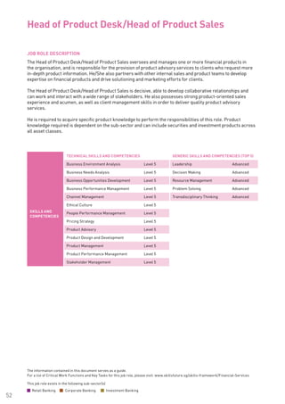 The information contained in this document serves as a guide.
For a list of Critical Work Functions and Key Tasks for this job role, please visit: www.skillsfuture.sg/skills-framework/Financial-Services
52
JOB ROLE DESCRIPTION
The Head of Product Desk/Head of Product Sales oversees and manages one or more financial products in
the organisation, and is responsible for the provision of product advisory services to clients who request more
in-depth product information. He/She also partners with other internal sales and product teams to develop
expertise on financial products and drive solutioning and marketing efforts for clients.
The Head of Product Desk/Head of Product Sales is decisive, able to develop collaborative relationships and
can work and interact with a wide range of stakeholders. He also possesses strong product-oriented sales
experience and acumen, as well as client management skills in order to deliver quality product advisory
services.
He is required to acquire specific product knowledge to perform the responsibilities of this role. Product
knowledge required is dependent on the sub-sector and can include securities and investment products across
all asset classes.
Head of Product Desk/Head of Product Sales
SKILLS AND
COMPETENCIES
TECHNICAL SKILLS AND COMPETENCIES GENERIC SKILLS AND COMPETENCIES (TOP 5)
Business Environment Analysis Level 5 Leadership Advanced
Business Needs Analysis Level 5 Decision Making Advanced
Business Opportunities Development Level 5 Resource Management Advanced
Business Performance Management Level 5 Problem Solving Advanced
Channel Management Level 5 Transdisciplinary Thinking Advanced
Ethical Culture Level 5
People Performance Management Level 5
Pricing Strategy Level 5
Product Advisory Level 5
Product Design and Development Level 5
Product Management Level 5
Product Performance Management Level 5
Stakeholder Management Level 5
This job role exists in the following sub-sector(s)
Retail Banking Corporate Banking Investment Banking
 