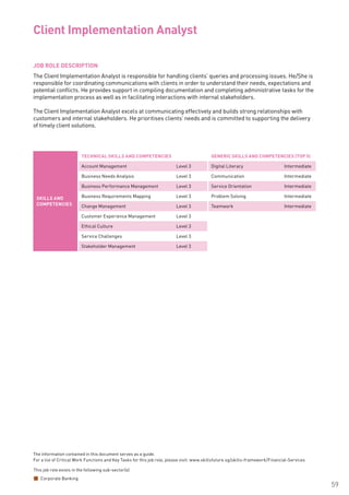 The information contained in this document serves as a guide.
For a list of Critical Work Functions and Key Tasks for this job role, please visit: www.skillsfuture.sg/skills-framework/Financial-Services
59
JOB ROLE DESCRIPTION
The Client Implementation Analyst is responsible for handling clients’ queries and processing issues. He/She is
responsible for coordinating communications with clients in order to understand their needs, expectations and
potential conflicts. He provides support in compiling documentation and completing administrative tasks for the
implementation process as well as in facilitating interactions with internal stakeholders.
The Client Implementation Analyst excels at communicating effectively and builds strong relationships with
customers and internal stakeholders. He prioritises clients’ needs and is committed to supporting the delivery
of timely client solutions.	
Client Implementation Analyst
SKILLS AND
COMPETENCIES
TECHNICAL SKILLS AND COMPETENCIES GENERIC SKILLS AND COMPETENCIES (TOP 5)
Account Management Level 3 Digital Literacy Intermediate
Business Needs Analysis Level 3 Communication Intermediate
Business Performance Management Level 3 Service Orientation Intermediate
Business Requirements Mapping Level 3 Problem Solving Intermediate
Change Management Level 3 Teamwork Intermediate
Customer Experience Management Level 3
Ethical Culture Level 3
Service Challenges Level 3
Stakeholder Management Level 3
This job role exists in the following sub-sector(s)
Corporate Banking
 