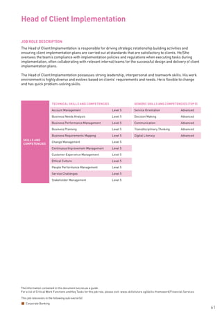 The information contained in this document serves as a guide.
For a list of Critical Work Functions and Key Tasks for this job role, please visit: www.skillsfuture.sg/skills-framework/Financial-Services
61
JOB ROLE DESCRIPTION
The Head of Client Implementation is responsible for driving strategic relationship building activities and
ensuring client implementation plans are carried out at standards that are satisfactory to clients. He/She
oversees the team’s compliance with implementation policies and regulations when executing tasks during
implementation, often collaborating with relevant internal teams for the successful design and delivery of client
implementation plans.
The Head of Client Implementation possesses strong leadership, interpersonal and teamwork skills. His work
environment is highly diverse and evolves based on clients’ requirements and needs. He is flexible to change
and has quick problem-solving skills.		
Head of Client Implementation	
SKILLS AND
COMPETENCIES
TECHNICAL SKILLS AND COMPETENCIES GENERIC SKILLS AND COMPETENCIES (TOP 5)
Account Management Level 5 Service Orientation Advanced
Business Needs Analysis Level 5 Decision Making Advanced
Business Performance Management Level 5 Communication Advanced
Business Planning Level 5 Transdisciplinary Thinking Advanced
Business Requirements Mapping Level 5 Digital Literacy Advanced
Change Management Level 5
Continuous Improvement Management Level 5
Customer Experience Management Level 5
Ethical Culture Level 5
People Performance Management Level 5
Service Challenges Level 5
Stakeholder Management Level 5
This job role exists in the following sub-sector(s)
Corporate Banking
 