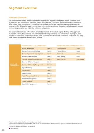 The information contained in this document serves as a guide.
For a list of Critical Work Functions and Key Tasks for this job role, please visit: www.skillsfuture.sg/skills-framework/Financial-Services
92
JOB ROLE DESCRIPTION
The Segment Executive is responsible for executing defined segment strategies to deliver customer value
propositions and contribute to managing the portfolio health of a segment. He/She implements activities to
differentiate the organisation in a competitive market by achieving and maintaining a seamless customer
experience. His duties also require him to assist in the implementation of allocation methodologies to account
for revenue generation and maximise customer satisfaction.
The Segment Executive is achievement-oriented and able to demonstrate logical thinking in his approach
in problem solving. He is familiar and comfortable with using numerical and data analysis techniques, and
possesses quantitative reasoning skills. He holds a curious attitude towards customers’ short-term and long-
term needs, accompanied with business acumen.
Segment Executive
SKILLS AND
COMPETENCIES
TECHNICAL SKILLS AND COMPETENCIES GENERIC SKILLS AND COMPETENCIES (TOP 5)
Account Management Level 3 Communication Basic
Business Environment Analysis Level 3 Problem Solving Basic
Business Opportunities Development Level 3 Teamwork Basic
Business Risk Assessment Level 3 Sense Making Basic
Customer Acquisition Management Level 3 Digital Literacy Intermediate
Customer Behaviour Analysis Level 3
Customer Relationship Management Level 3
Digital Marketing Level 3
Ethical Culture Level 3
Market Profiling Level 3
Market Research and Analysis Level 3
Partnership Management Level 3
Product Advisory Level 3
Stakeholder Management Level 3
This job role exists in the following sub-sector(s)
Retail Banking
 