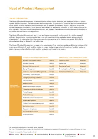 The information contained in this document serves as a guide.
For a list of Critical Work Functions and Key Tasks for this job role, please visit: www.skillsfuture.sg/skills-framework/Financial-Services
97
JOB ROLE DESCRIPTION
The Head of Product Management is responsible for enhancing the definition and growth of products in their
market. He/She oversees the development and management of the products’ roadmap and ensures alignment
of the products to the overall organisation vision and strategies. He oversees product pricing to ensure its
competitiveness and suitability in the appropriate markets as well as the valuation for insurance products. He
also manages channels and partnership strategies and reviews the risk assessment and ensures compliance
on products to standards and regulations.
The Head of Product Management works in a fast-paced and dynamic environment. He collaborates with
different departments, ensuring products are not only meeting clients’ needs but also in alignment with
organisation’s strategic directions. He possesses strong analytical, prioritisation and people skills. He is
accountable and up-to-date with market trends.
The Head of Product Management is required to acquire specific product knowledge and this can include either
one or a combination of: retail banking products, corporate banking products, investment banking products,
asset management products, private banking products and insurance products.
Head of Product Management
SKILLS AND
COMPETENCIES
TECHNICAL SKILLS AND COMPETENCIES GENERIC SKILLS AND COMPETENCIES (TOP 5)
Business Environment Analysis Level 5 Communication Advanced
Business Planning Level 5 Leadership Advanced
Business Risk Assessment Level 5 Developing People Advanced
Change Management Level 5 Transdisciplinary Thinking Advanced
Continuous Improvement Management Level 5 Computational Thinking Advanced
Demand and Supply Analysis Level 5
Emerging Technology Synthesis Level 5
Ethical Culture Level 5
Market Profiling Level 5
Market Research and Analysis Level 5
People Performance Management Level 5
Pricing Strategy Level 5
Product Advisory Level 5
Product Design and Development Level 6
Product Management Level 5
Product Performance Management Level 5
Quality Assurance Level 5
Regulatory Compliance Level 5
Stakeholder Management Level 5
Strategy Planning Level 5
This job role exists in the following sub-sector(s)
Retail Banking Corporate Banking Investment Banking Asset Management Private Banking and
Wealth Management
Insurance
 