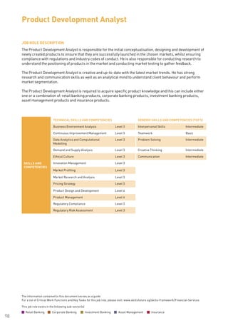 The information contained in this document serves as a guide.
For a list of Critical Work Functions and Key Tasks for this job role, please visit: www.skillsfuture.sg/skills-framework/Financial-Services
98
JOB ROLE DESCRIPTION
The Product Development Analyst is responsible for the initial conceptualisation, designing and development of
newly created products to ensure that they are successfully launched in the chosen markets, whilst ensuring
compliance with regulations and industry codes of conduct. He is also responsible for conducting research to
understand the positioning of products in the market and conducting market testing to gather feedback.
The Product Development Analyst is creative and up-to-date with the latest market trends. He has strong
research and communication skills as well as an analytical mind to understand client behaviour and perform
market segmentation.
The Product Development Analyst is required to acquire specific product knowledge and this can include either
one or a combination of: retail banking products, corporate banking products, investment banking products,
asset management products and insurance products.
Product Development Analyst
SKILLS AND
COMPETENCIES
TECHNICAL SKILLS AND COMPETENCIES GENERIC SKILLS AND COMPETENCIES (TOP 5)
Business Environment Analysis Level 3 Interpersonal Skills Intermediate
Continuous Improvement Management Level 3 Teamwork Basic
Data Analytics and Computational
Modelling
Level 3 Problem Solving Intermediate
Demand and Supply Analysis Level 3 Creative Thinking Intermediate
Ethical Culture Level 3 Communication Intermediate
Innovation Management Level 3
Market Profiling Level 3
Market Research and Analysis Level 3
Pricing Strategy Level 3
Product Design and Development Level 4
Product Management Level 4
Regulatory Compliance Level 3
Regulatory Risk Assessment Level 3
This job role exists in the following sub-sector(s)
Retail Banking Corporate Banking Investment Banking Asset Management Insurance
 