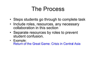 The Process Steps students go through to complete task Include roles, resources, any necessary collaboration in this section Separate resources by roles to prevent student confusion. Example:  Return of the Great Game: Crisis in Central Asia 