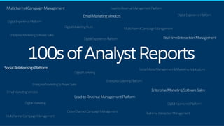 EmailMarketingVendors
Social Relationship Platform
Cross-ChannelCampaignManagement
DigitalExperiencePlatformDigitalMarketing
100sofAnalystReports
EnterpriseListeningPlatform
Multichannel Campaign Management
SocialMediaManagement&MarketingApplications
DigitalMarketingHubs
Lead-to-RevenueManagementPlatform
EnterpriseMarketingSoftwareSales
Real-time Interaction Management
MultichannelCampaignManagement
Lead-to-Revenue Management Platform
Email Marketing Vendors
Enterprise Marketing Software Sales
DigitalExperiencePlatform
DigitalExperiencePlatform
MultichannelCampaignManagement
DigitalMarketing
EnterpriseMarketingSoftwareSales
DigitalExperiencePlatform
Real-timeInteractionManagement
 