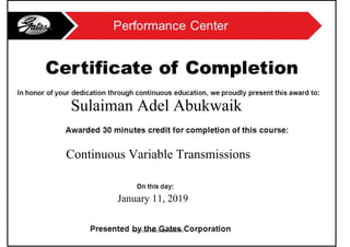 Sulaiman Adel Abukwaik
January 11, 2019
8A577GH87A865LAB67865K79G
Continuous Variable Transmissions
 