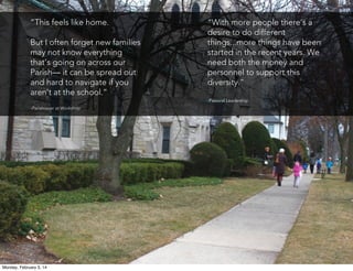 “This feels like home.
But I often forget new families
may not know everything
that’s going on across our  
Parish–– it can be spread out
and hard to navigate if you
aren’t at the school.”

“With more people there’s a
desire to do different
things...more things have been
started in the recent years. We
need both the money and
personnel to support this
diversity.”
-Pastoral Leadership

-Parishioner at Workshop

Monday, February 3, 14

 