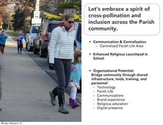 Let’s embrace a spirit of
cross-pollination and
inclusion across the Parish
community.
• Communication & Centralization
- Centralized Parish Life Area
• Enhanced Religious Launchpad in
School

• Organizational Potential:
Bridge community through shared
infrastructure, tools, training, and
personnel
- Technology
- Parish Life
- Communications
- Brand experience
- Religious education
- Digital presence

Monday, February 3, 14

 