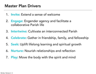 Master Plan Drivers
1. Invite: Extend a sense of welcome
2. Engage: Engender agency and facilitate a
collaborative Parish life
3. Intertwine: Cultivate an interconnected Parish
4. Celebrate: Gather in friendship, family, and fellowship
5. Seek: Uplift lifelong learning and spiritual growth
6. Nurture: Nourish relationships and reﬂection
7. Play: Move the body with the spirit and mind

Monday, February 3, 14

 