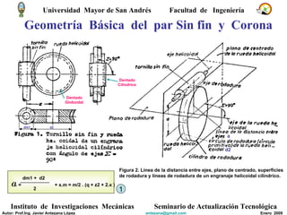 Geometría  Básica  del  par Sin fin  y  Corona Figura 2. Línea de la distancia entre ejes, plano de centrado, superficies de rodadura y líneas de rodadura de un engranaje helicoidal cilíndrico. Dentado  Globoidal Dentado  Cilíndrico a  =   + x.m = m/2 . (q + z2 + 2.x ) dm1 +  d2 2 dm1 d2 1 d2 a Universidad  Mayor de San Andrés  Facultad  de  Ingeniería Instituto  de  Investigaciones  Mecánicas Seminario de Actualización Tecnológica Autor: Prof.Ing. Javier Antezana López [email_address] Enero  2009 