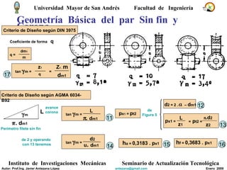 Geometría  Básica  del  par  Sin fin  y  Corona Coeficiente de forma  q tan   m = z 1 q de Figura 5 11 12 13 de 2 y operando  con 13 tenemos tan   m = d 2 u .  d m1 14 15 16 = Z 1 .  m d m1 17 Universidad  Mayor de San Andrés  Facultad  de  Ingeniería Instituto  de  Investigaciones  Mecánicas Seminario de Actualización Tecnológica Autor: Prof.Ing. Javier Antezana López [email_address] Enero  2009 q = dm 1 m Criterio de Diseño según DIN 3975 Criterio de Diseño según AGMA 6034- B92 d 2 = 2 . a   –  d m1  tan   m = L π .  d m1 L π . d m1  m Perímetro filete sin fin avance corona p x 1  =  p t2 p x1 = L z 1 =   p t2 =  π . d 2 z 2 h a =  0,3183 . p x1 h f =  0,3683 . p x1 
