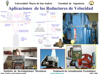 Aplicaciones  de los Reductores de Velocidad Universidad  Mayor de San Andrés  Facultad  de  Ingeniería Instituto  de  Investigaciones  Mecánicas Seminario de Actualización Tecnológica Autor: Prof.Ing. Javier Antezana López [email_address] Enero  2009 