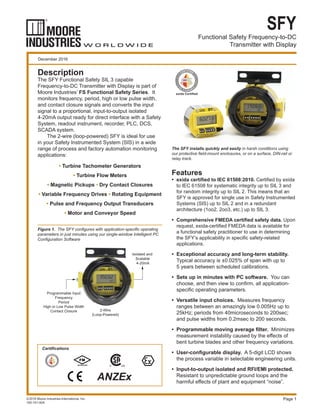 Functional Safety Frequency-to-DC
Transmitter with Display
SFY
Page 1
The SFY installs quickly and easily in harsh conditions using
our protective ﬁeld-mount enclosures, or on a surface, DIN-rail or
relay track.
December 2016
Description
The SFY Functional Safety SIL 3 capable
Frequency-to-DC Transmitter with Display is part of
Moore Industries’ FS Functional Safety Series. It
monitors frequency, period, high or low pulse width,
and contact closure signals and converts the input
signal to a proportional, input-to-output isolated
4-20mA output ready for direct interface with a Safety
System, readout instrument, recorder, PLC, DCS,
SCADA system.
The 2-wire (loop-powered) SFY is ideal for use
in your Safety Instrumented System (SIS) in a wide
range of process and factory automation monitoring
applications:
• Turbine Tachometer Generators
• Turbine Flow Meters
• Magnetic Pickups • Dry Contact Closures
• Variable Frequency Drives • Rotating Equipment
• Pulse and Frequency Output Transducers
• Motor and Conveyor Speed
Features
• exida certiﬁed to IEC 61508:2010. Certiﬁed by exida
to IEC 61508 for systematic integrity up to SIL 3 and
for random integrity up to SIL 2. This means that an
SFY is approved for single use in Safety Instrumented
Systems (SIS) up to SIL 2 and in a redundant
architecture (1oo2, 2oo3, etc.) up to SIL 3.
• Comprehensive FMEDA certiﬁed safety data. Upon
request, exida-certiﬁed FMEDA data is available for
a functional safety practitioner to use in determining
the SFY’s applicability in speciﬁc safety-related
applications.
• Exceptional accuracy and long-term stability.
Typical accuracy is ±0.025% of span with up to
5 years between scheduled calibrations.
• Sets up in minutes with PC software. You can
choose, and then view to conﬁrm, all application-
speciﬁc operating parameters.
• Versatile input choices. Measures frequency
ranges between an amazingly low 0.005Hz up to
25kHz; periods from 40microseconds to 200sec;
and pulse widths from 0.2msec to 200 seconds.
• Programmable moving average ﬁlter. Minimizes
measurement instability caused by the eﬀects of
bent turbine blades and other frequency variations.
• User-conﬁgurable display. A 5-digit LCD shows
the process variable in selectable engineering units.
• Input-to-output isolated and RFI/EMI protected.
Resistant to unpredictable ground loops and the
harmful eﬀects of plant and equipment “noise”.
Figure 1. The SFY conﬁgures with application-speciﬁc operating
parameters in just minutes using our single-window Intelligent PC
Conﬁguration Software
©2016 Moore Industries-International, Inc.
165-741-00A
Programmable Input
Frequency
Period
High or Low Pulse Width
Contact Closure
Isolated and
Scalable
4-20mA
2-Wire
(Loop-Powered)
Certiﬁcations
 