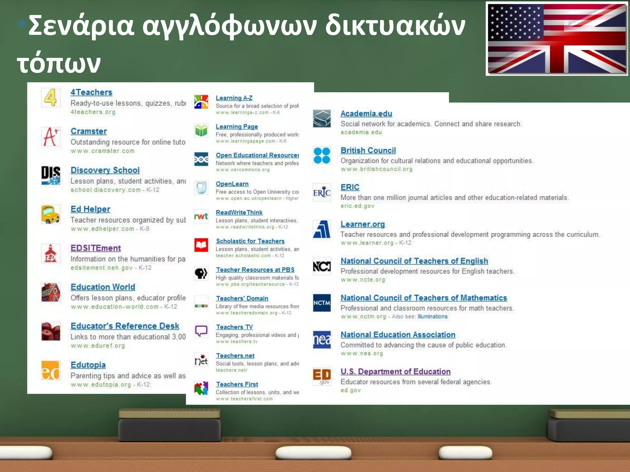 •Σενάρια αγγλόφωνων δικτυακών
τόπων
 