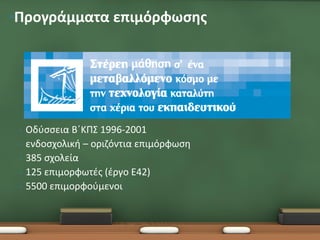 •Προγράμματα επιμόρφωσης




 •   Οδύσσεια Β΄ΚΠΣ 1996-2001
 •   ενδοσχολική – οριζόντια επιμόρφωση
 •   385 σχολεία
 •   125 επιμορφωτές (έργο Ε42)
 •   5500 επιμορφούμενοι
 