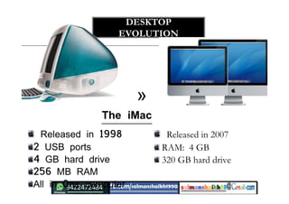30
Product Cost Storage RAM Year
Macintosh $2495 Floppy 128 KB 1984
Mac Plus $2600 Floppy 4 MB 1986
iMac $1799 320 GB 4GB ...