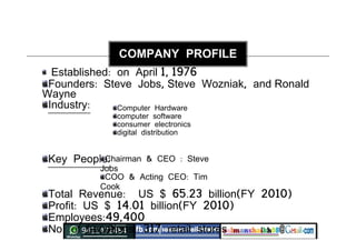 Established: on April 1, 1976
Founders: Steve Jobs, Steve Wozniak, and Ronald
Wayne
Industry:
Key People:
Total Revenue: US $ 65.23 billion(FY 2010)
Profit: US $ 14.01 billion(FY 2010)
Employees:49,400
No. of Locations: 317 retail stores
COMPANY PROFILE
Computer Hardware
computer software
consumer electronics
digital distribution
Chairman & CEO : Steve
Jobs
COO & Acting CEO: Tim
Cook
 