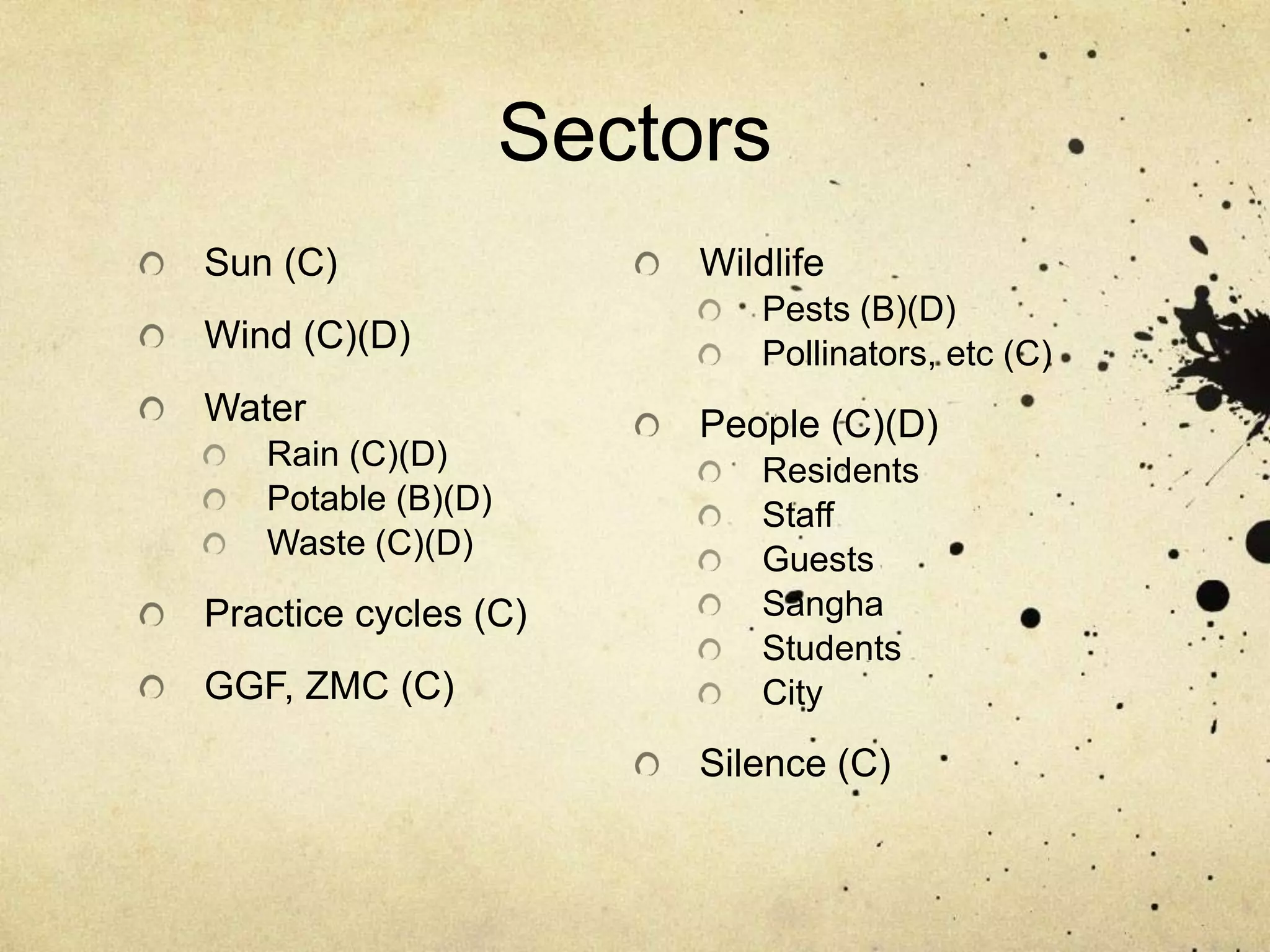 SectorsSun (C)Wind (C)(D)WaterRain (C)(D)Potable (B)(D)Waste (C)(D)Practice cycles (C)GGF, ZMC (C)WildlifePests (B)(D)Pollinators, etc (C)People (C)(D)ResidentsStaffGuestsSanghaStudentsCitySilence (C)