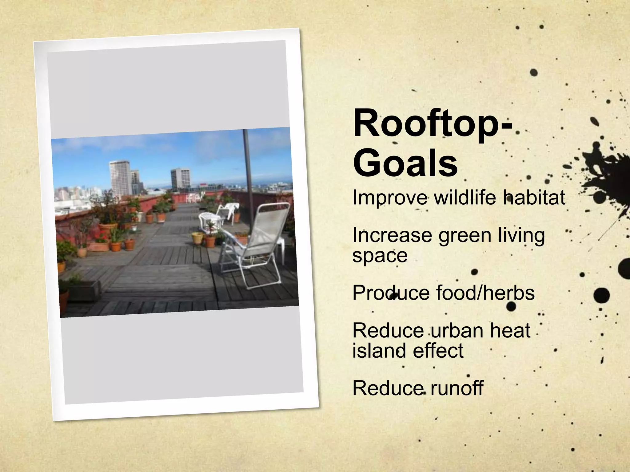 Rooftop- GoalsImprove wildlife habitatIncrease green living spaceProduce food/herbsReduce urban heat island effectReduce runoff